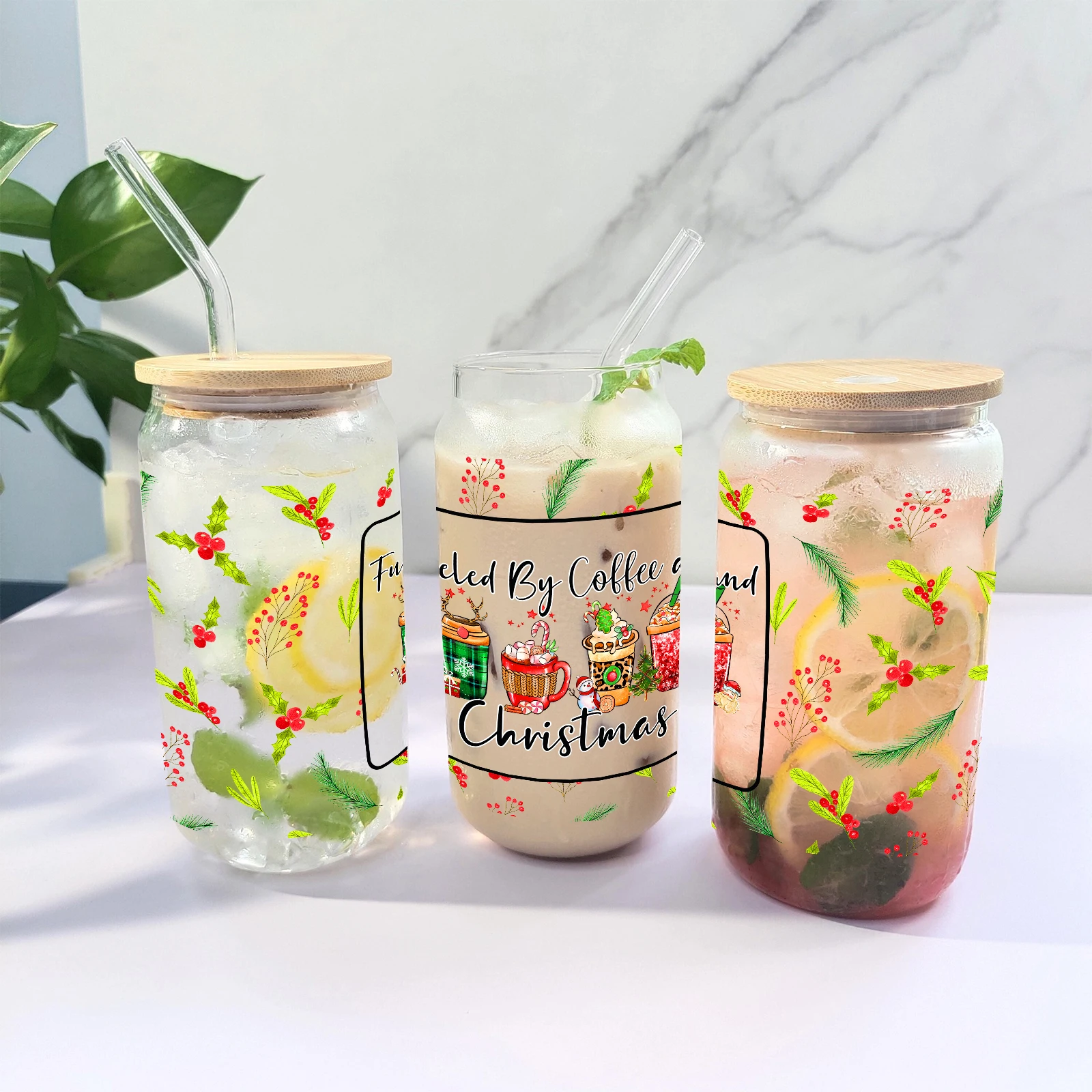 thumbnail image 1 of Vaso de vidrio de sublimación de 16 oz con elementos navideños impresos con tapa de bambú y pajita de vidrio, vaso de café de vidrio simple para beber para regalos, 1 pieza, 1 of 5