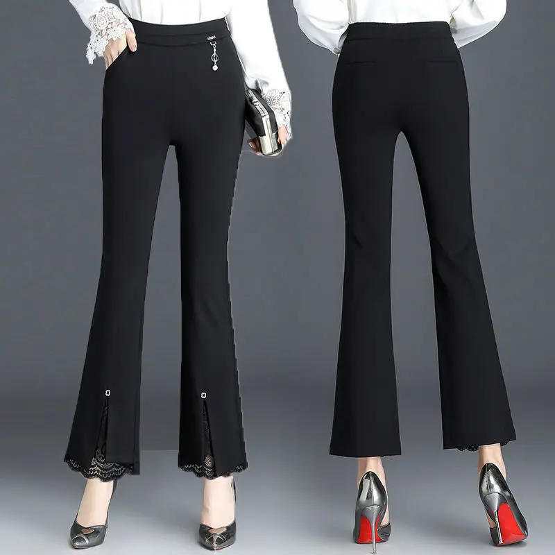 

Bootleg Pants Women's Spring Summer High Waist Slimming Draping Hong Kong Style Lace Stitching Black Suit Flared Pants