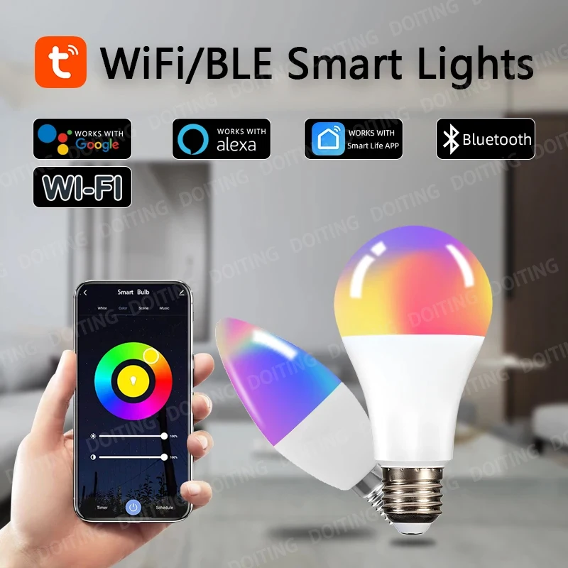 220V Smart WiFi Light Bulb Dimmable E27 E14 RGBCW 2700-6500K LED Candle Lamps For Tuya Smart Life APP Alexa Google Home Yandex