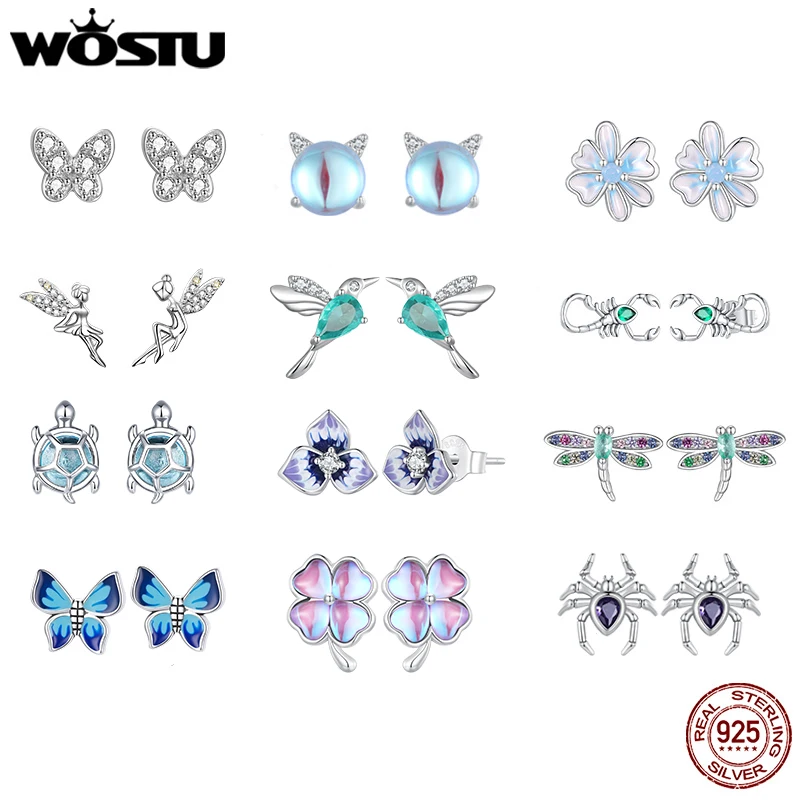 

WOSTU 925 Sterling Silver Mini Flower Butterfly Bird Bee Stud Earrings Rainbow Moonstone Kitty Cat Ear Studs Girl Party Jewelry
