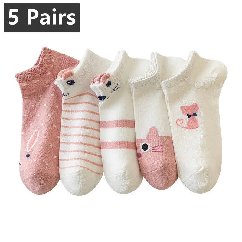 5 Pairs Womens Socks Kitty Crew Short Socks Creative Printing Socks Cartoon Cute Kitten Ankle Sock