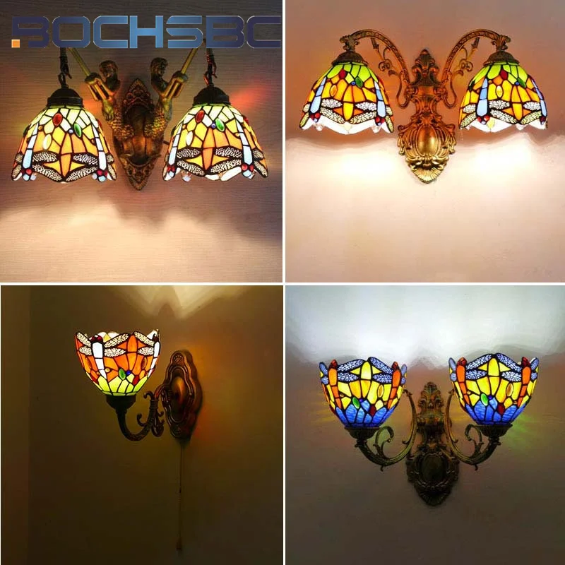 

BOCHSBC Tiffany style stained glass Garden Dragonfly retro wall lamp for living room bedroom aisle bedside lamp LED decor