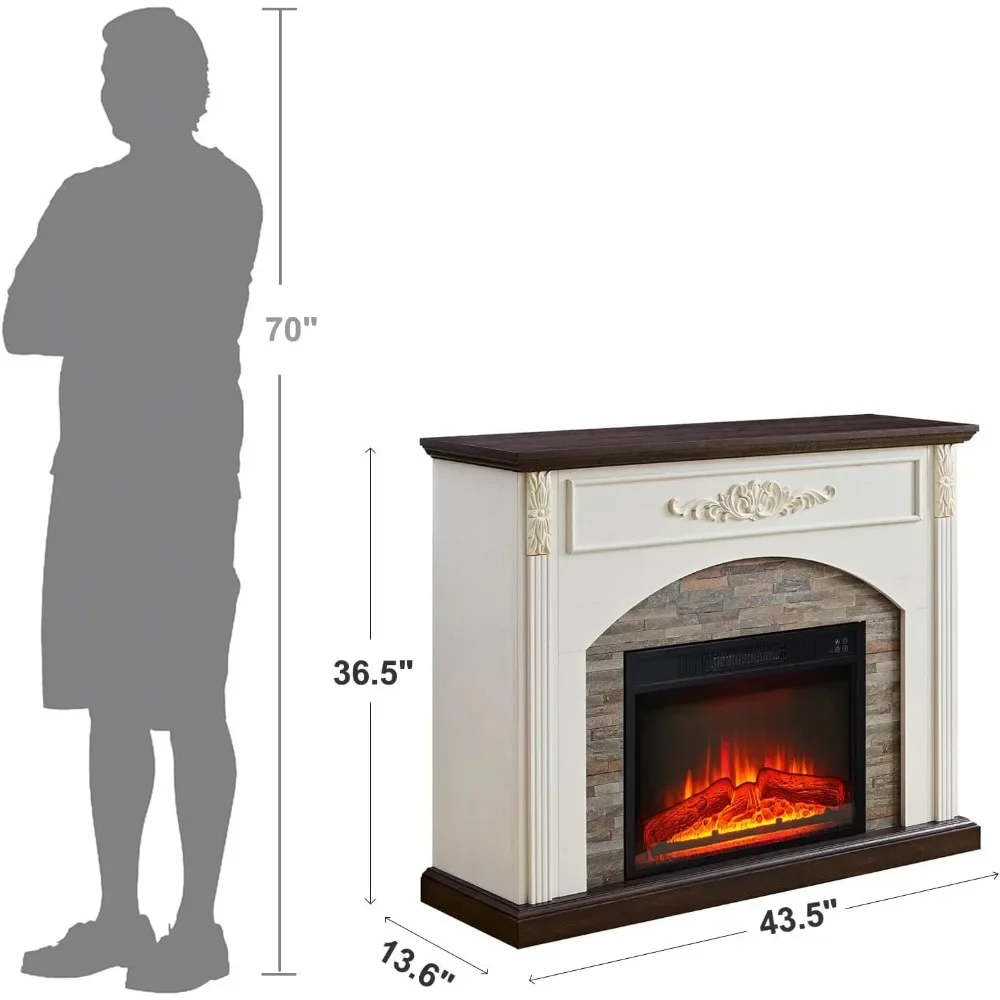 44Inch Electric Fireplace with Mantel, Fireplace Mantel with Stacked Stone Surround,Freestanding Fireplace Heater with LED Flame 3