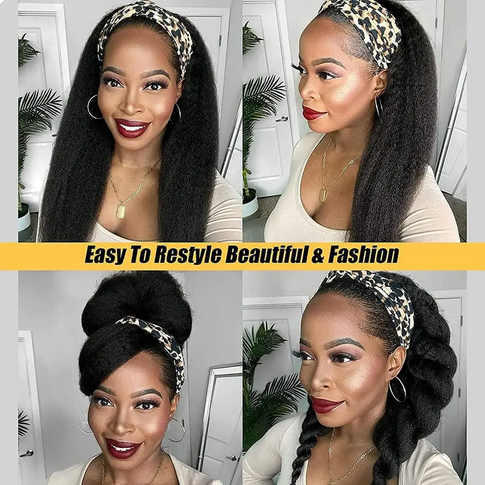 Kinky Straight Headband Wigs Human Hair Glueless Headband Wigs for Black Women None Lace Front Human Hair Wig 150% Density