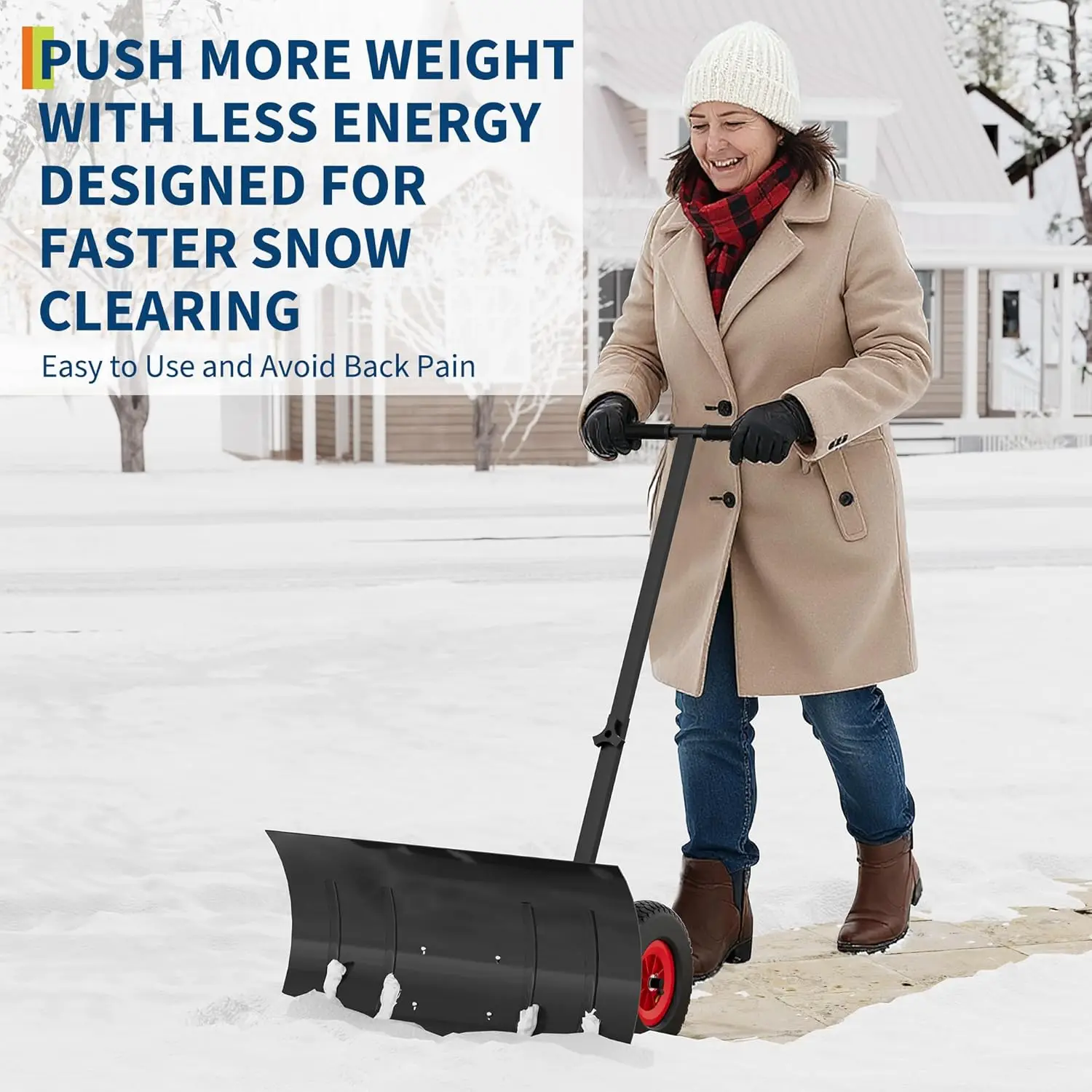 Metal Snow Pusher with Wheels, Adjustable Angle & Height Handle 2