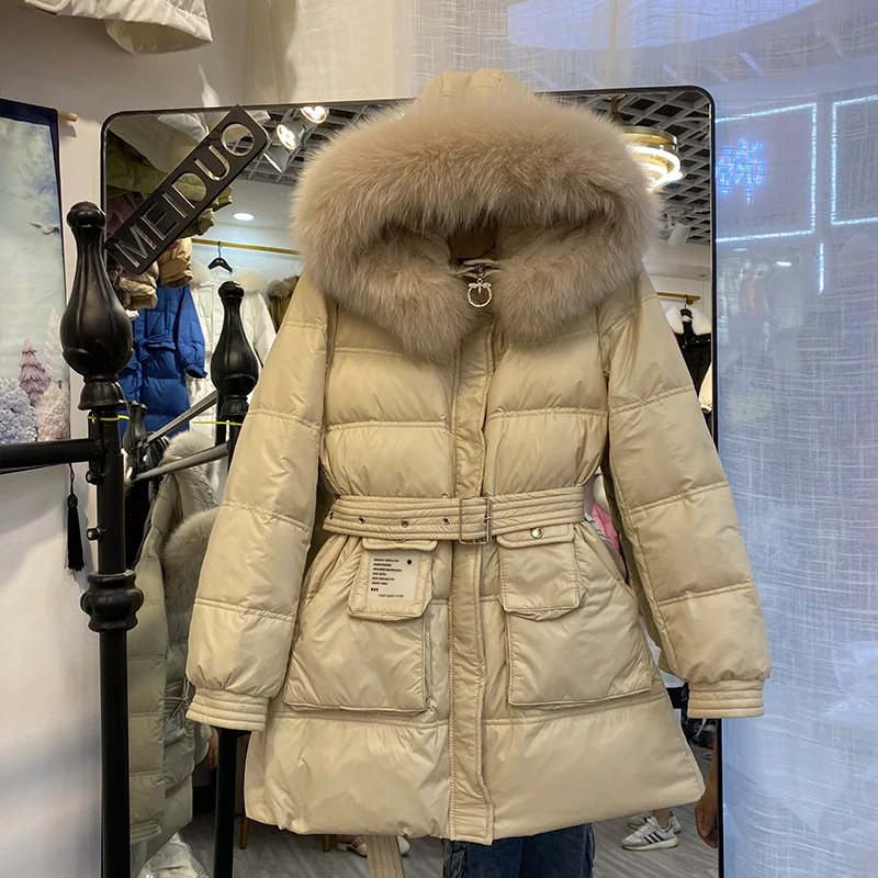 

2023 winter down jacket women's medium and long hooded waist warming 90% white duck down high-quality black pink jacket