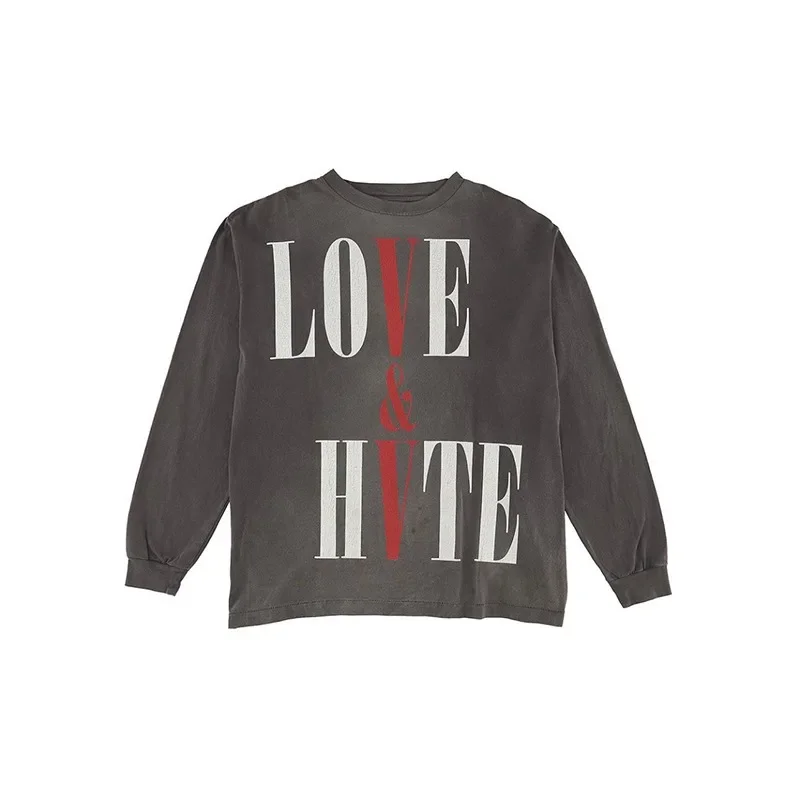 

LOVE&HATE Cracked Print High Street Vintage T-shirt with trendy men's and women's Saint Co branded V Washed Old Long Sleeves