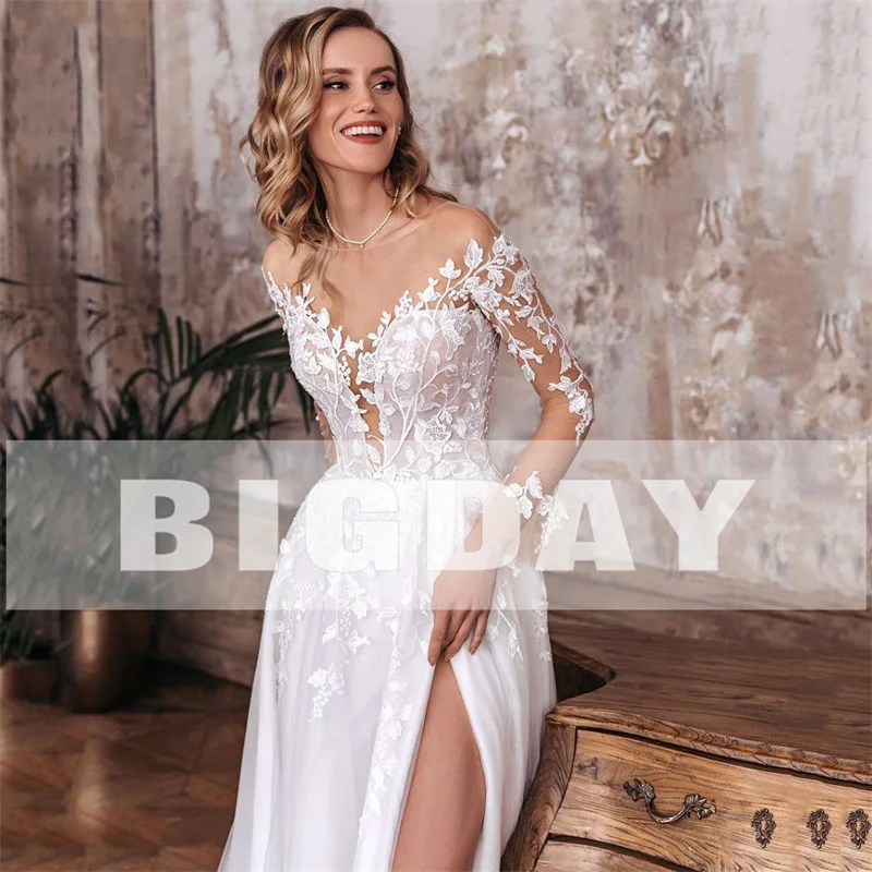Elegant A-Line Wedding Dress Women Open Back V-Neck Lace Long Sleeve Side Split Tulle Bridal Gown Vestidos De Noiva Customized 3
