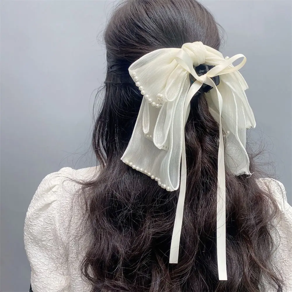 Bowknot Bow Ribbon Hair Claw Cute Pearl Chiffon Korean Style Headdress Hair  Accessories - AliExpress