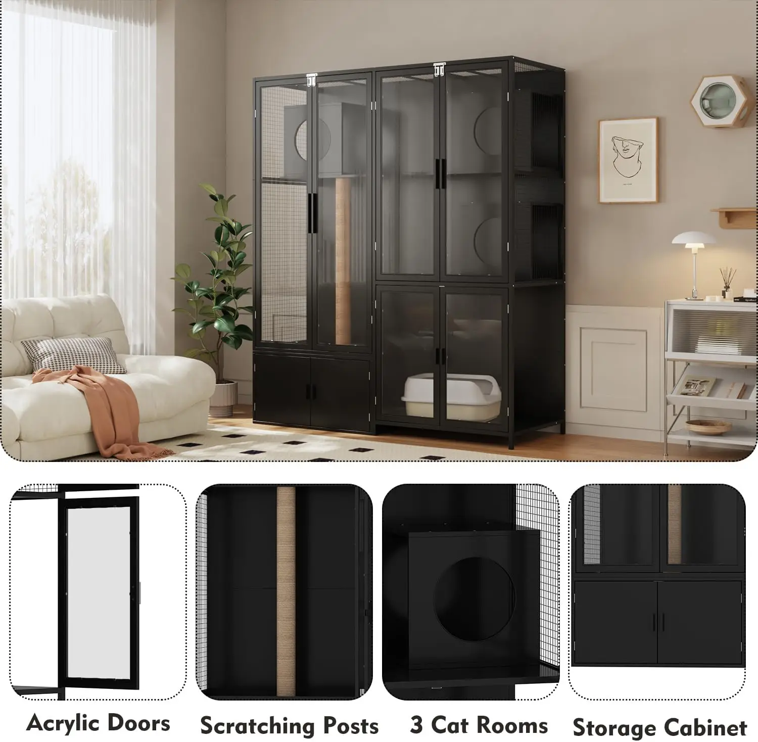 63" Cat Litter Box Enclosure, 3 Rooms, Acrylic Doors and Scratching Post, Extra Large Hidden Decorative Litterbox Cabinet Cages