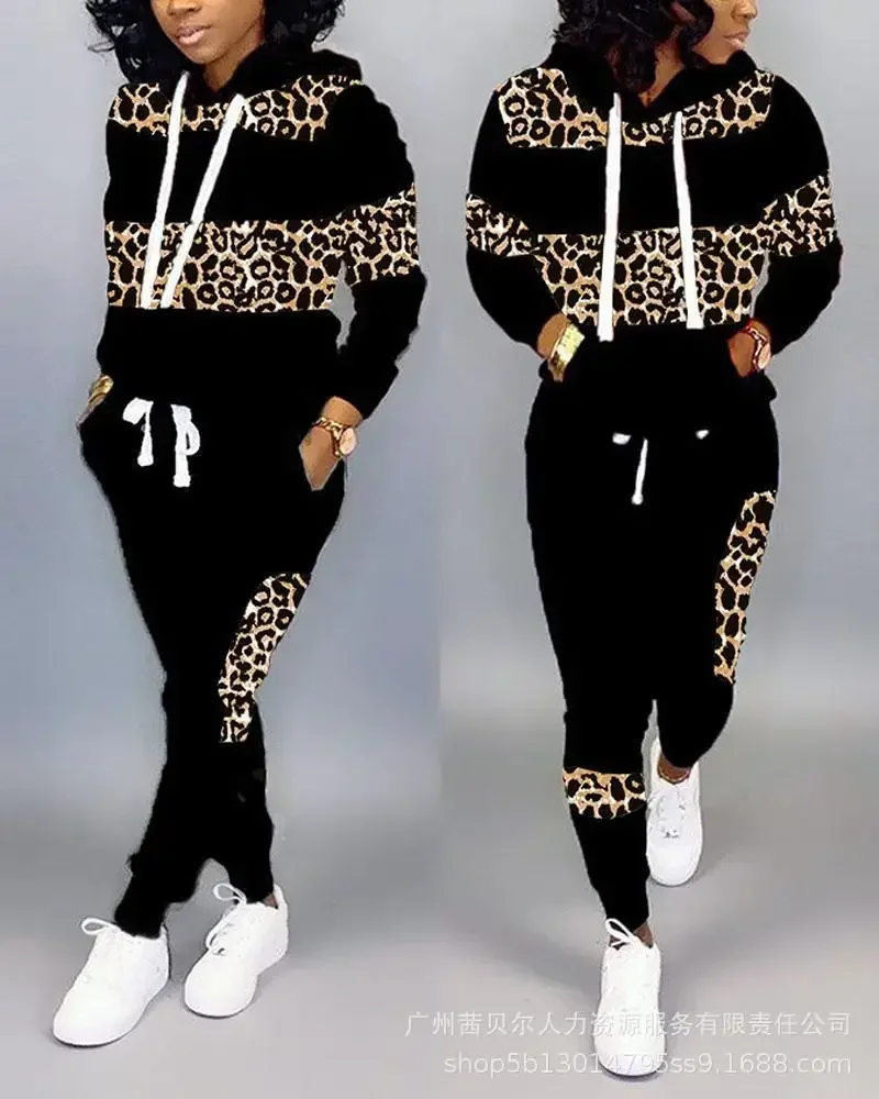 

Women Pants Sets Two Piece Long Sleeve Round Neck Elastic Waist Pencil Leg Pants Pullover Casual Leopard Striped Slim Fit