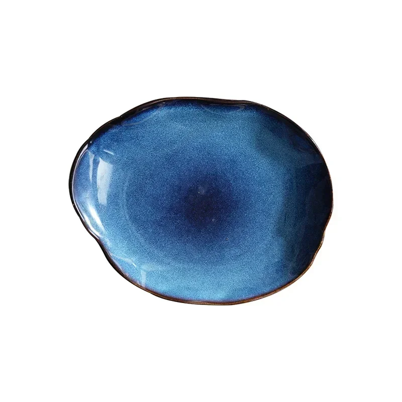 Ceramic Salad Plate Supplies Kitchen Lrregular Food Dish European Blue Dinner Plates Glaze Pottery Household Tableware