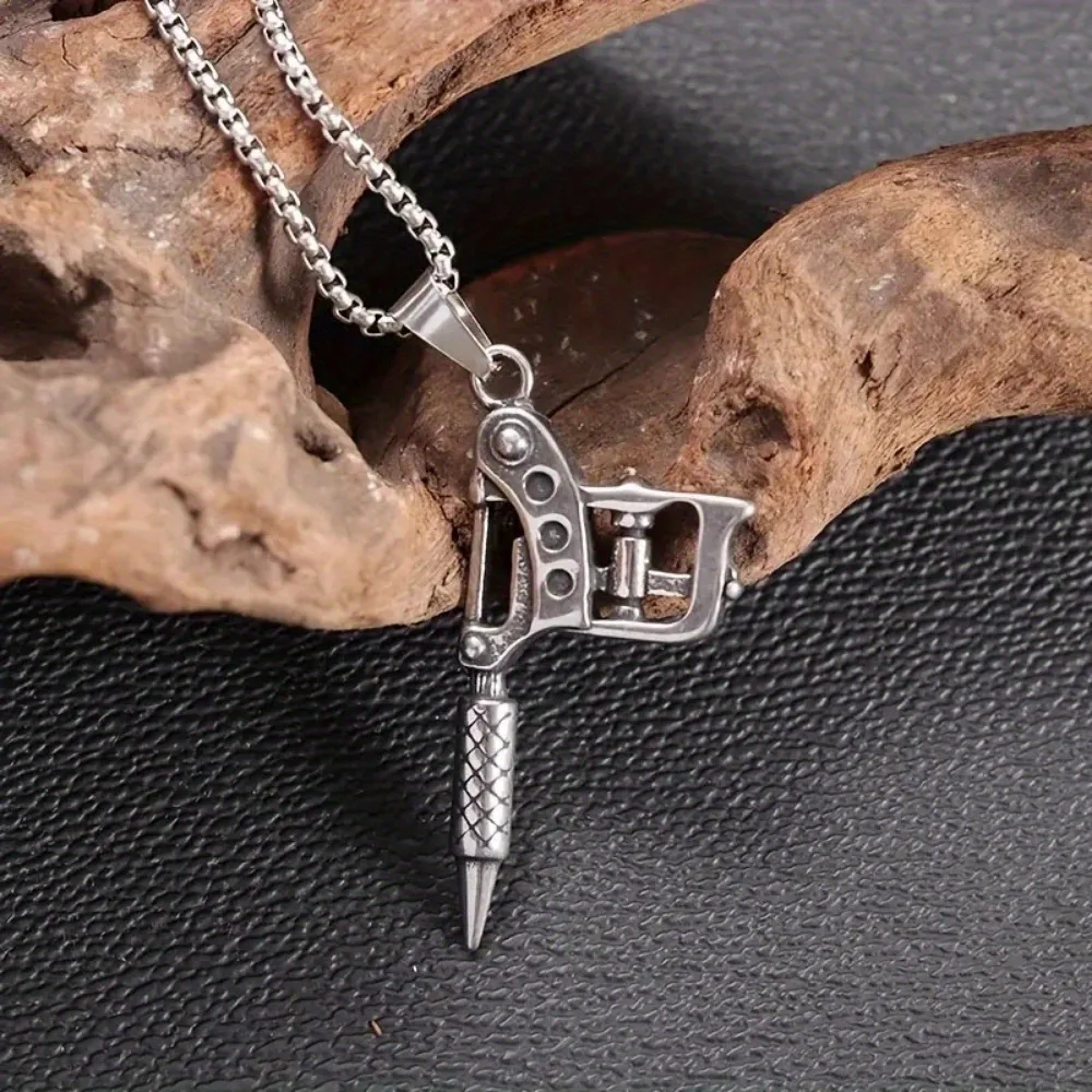 Collana Uomo Retrò Acciaio Inox Serpente Tatuaggio Ago Pistola Macchina Ciondolo - Foto 7