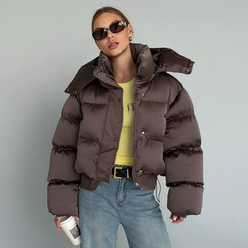  Fashion Solid Cropped Padded Coats Women Detachable Hood Zip Drawstring Hem Warm Jacket 2026 Winter New Lady Casual Outerwear