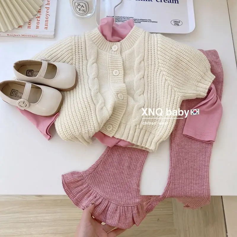 

Childrens Sets Girls Autumn Season Pink Knitting Sweater Baby Cardigan Coat Princess Style Striped Flared Pants Three Piece