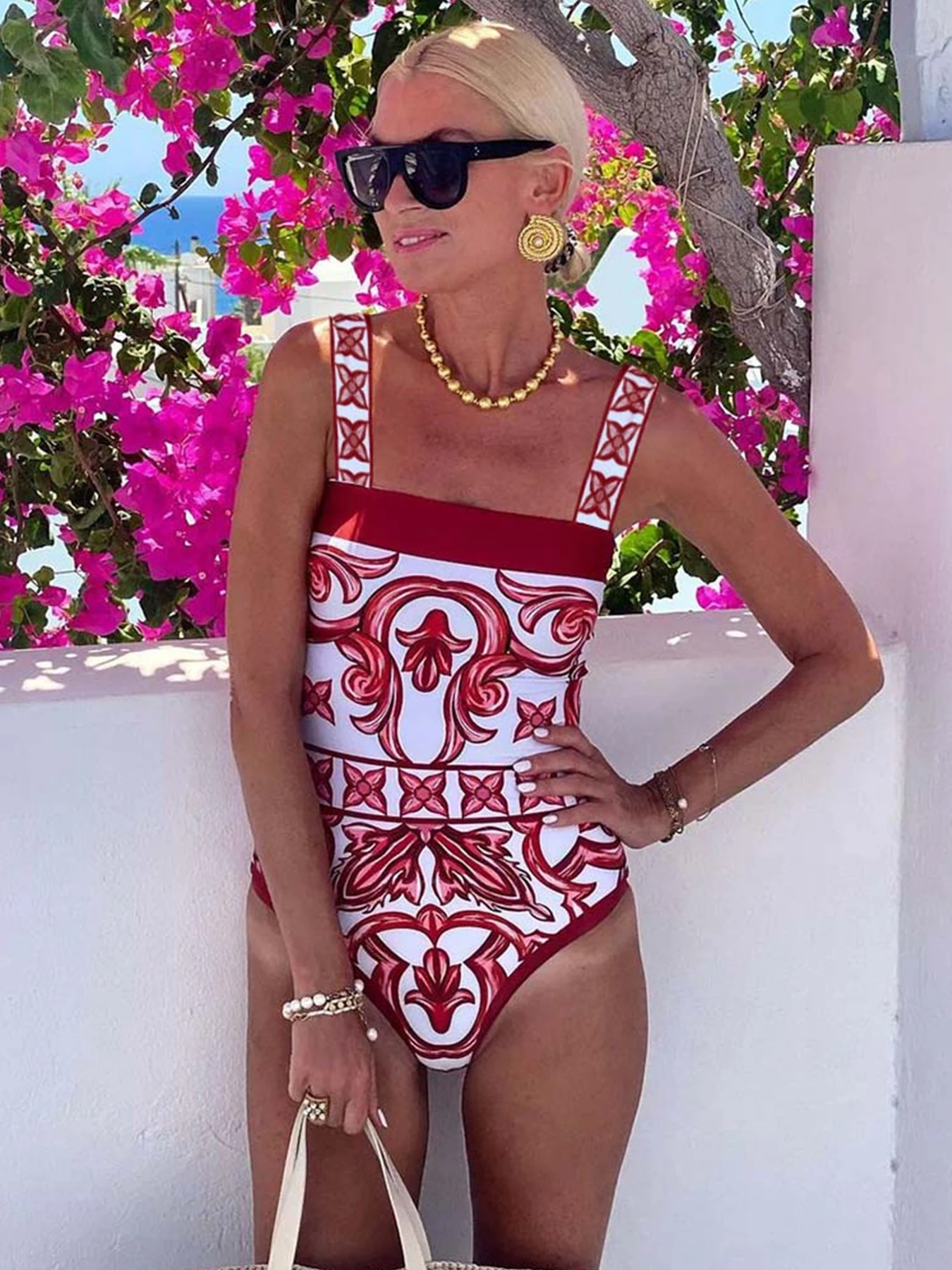 2024 New Ethnic Style Printed One Piece Swimsuit For Women Swimwear And Beach Sarong High Waist Bathing Suit Beachwear Monokini 2