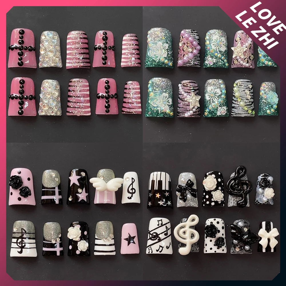 Y2K Duck-Bill Long Coffin Dragon Claw Reusable Fake Nail Spice Girl 3D Kt Bowknot Musical Note Pearl Diamond Rivet Press On Nail - AliExpress 26