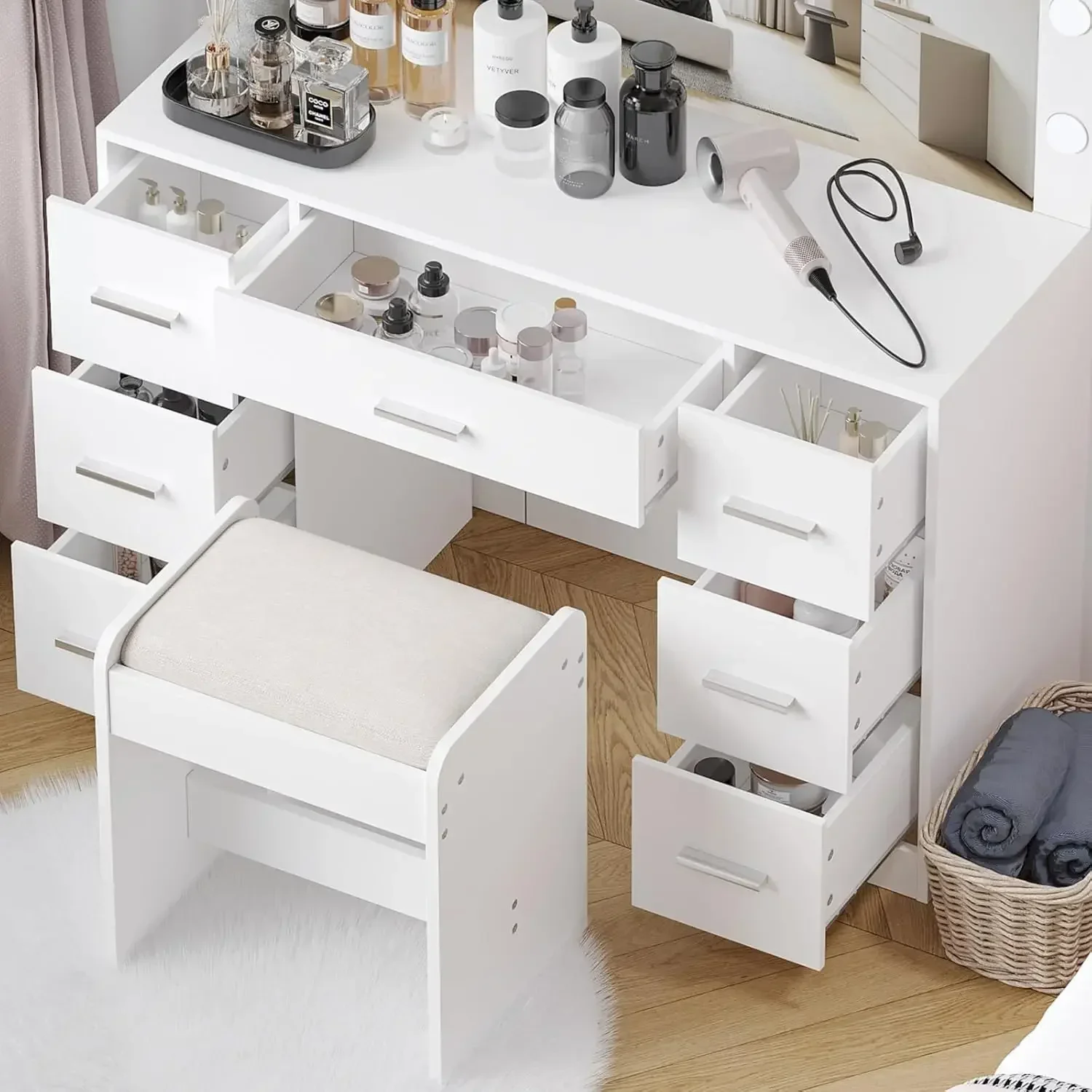 Vanity Desk with Stool, Makeup Table with Lighted Mirror, 3 Color Lighting Modes, Brightness Adjustable