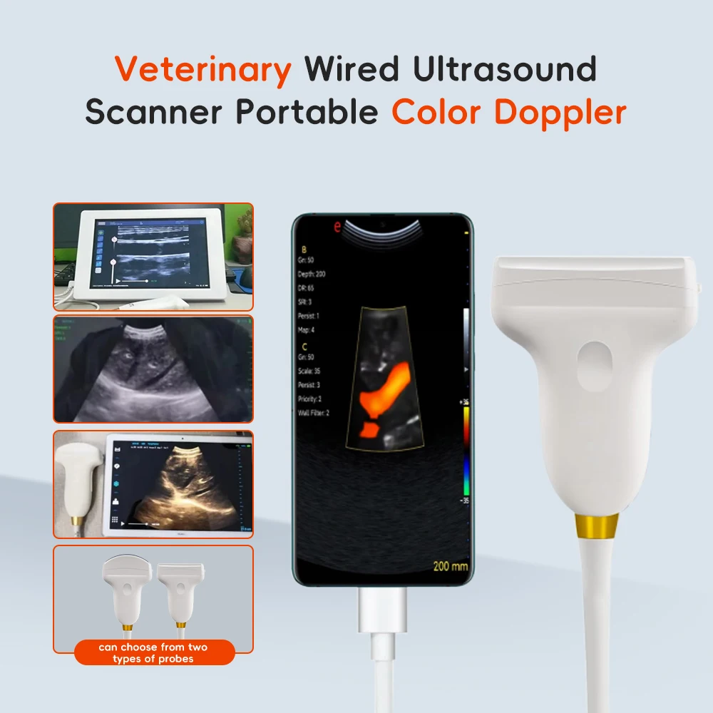 Veterinary Wired Ultrasound Scanner Portable Color Doppler, 3.5/7.5Mhz Convex Probe for Andriod Phone with Type-c Port