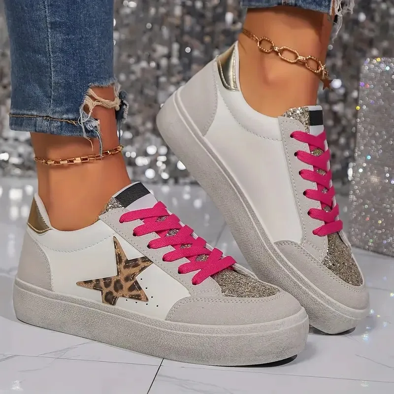 Ladies Fashionable Sports Shoes Leopard Print Star Pattern Anti Slip Soft Sole Lightweight Comfortable Casual Shoes 6