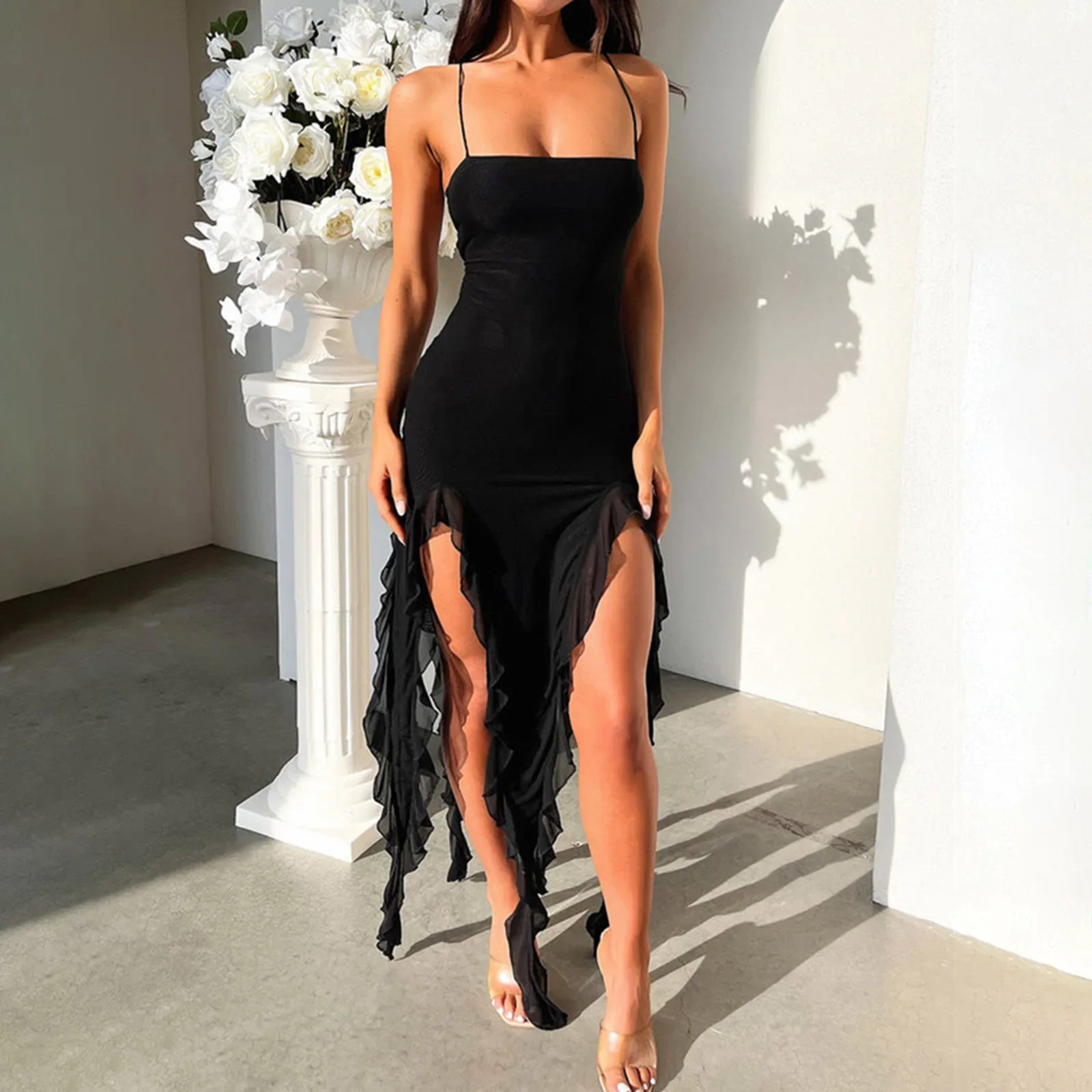 

YEAE Sexy Slim Waist Halter Dress Sleeveless Long Backless Solid Color Women's Long Dress Tassel HemY2K Traf Party Club in New