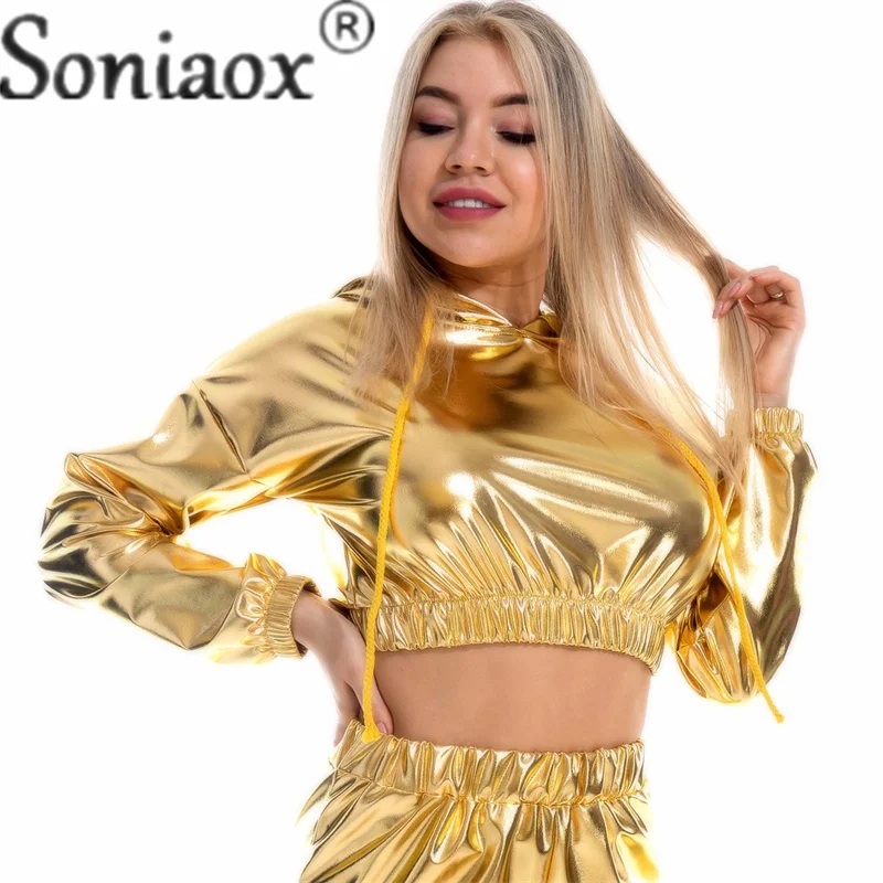 Sexy Leaky Navel Hooded Pullover Short Sweatshirt Women's Shiny Leather Long Sleeve Hoodie Female Party Casual Hip Hop Tops 2023