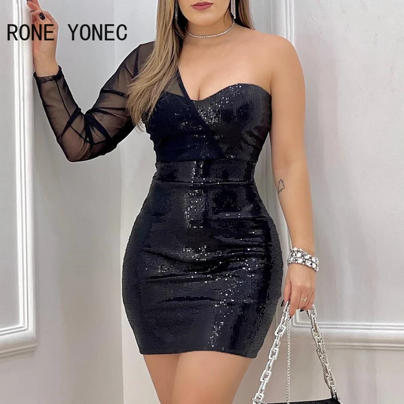 Women Chic Sequins One Shoulder Long Sleeves Sexy Mini Bodycon Party