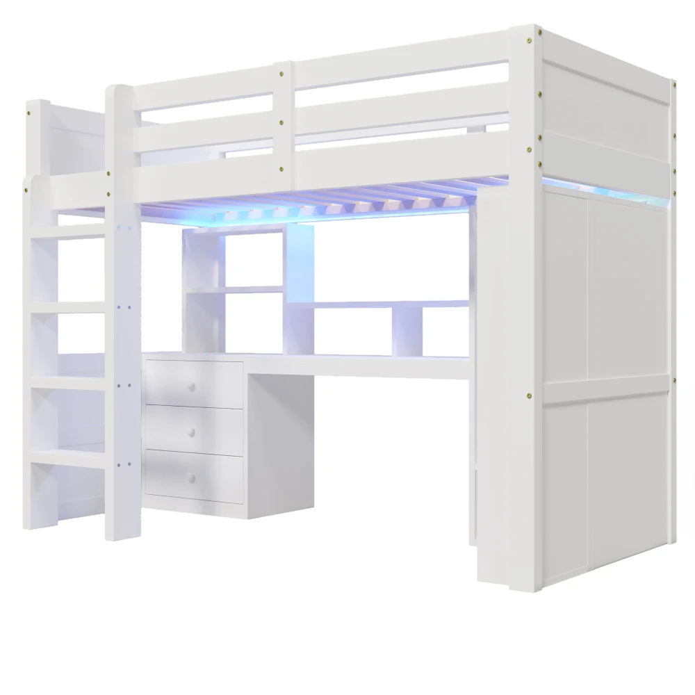 90 x 200 cm/140 x 200 cm hohes Etagenbett, mit LED-Leuchten und Kleiderschrank, Bett mit Schreibtisch und Schubladen, Aufbewahrungsfach, keine Matratze – Detail 12