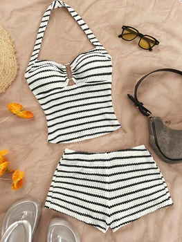 Women's 2-piece striped pleated backless top and shorts casual set 1