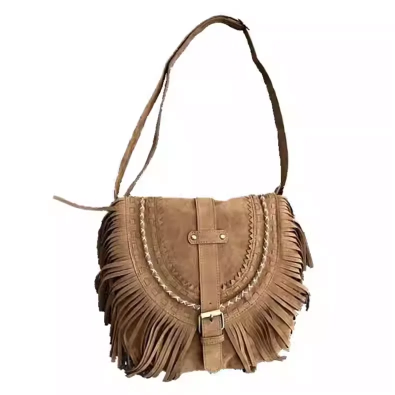 

PU Leather Fringed Messenger Bag for Women Tassel Boho Hippie Gypsy Bohemian Crossbody Shoulder Bag