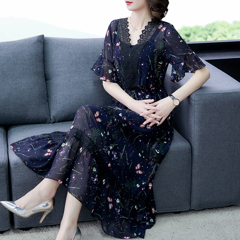 

2023 Blue Floral Chiffon Lace V-Neck Boho Midi Dress Women Korean Vintage Casual Two Piece Dress Summer Bodycon Elegant Vestidos