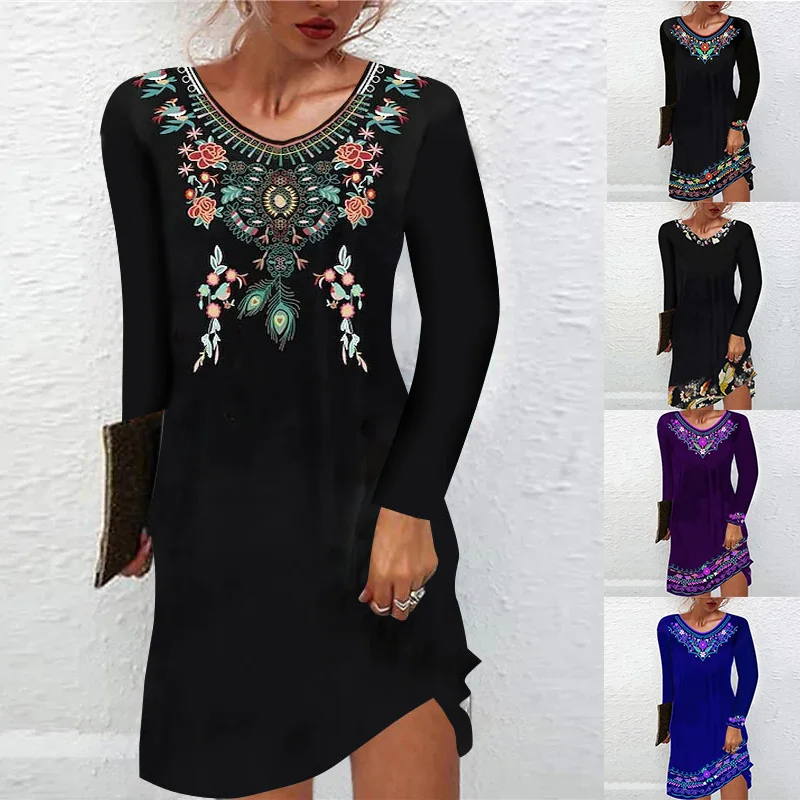 

New Autumn and Winter Women's Ethnic Printed Bohemian Casual Long-sleeved Dress V Neck Vintage Pullover Fashion Party Dress