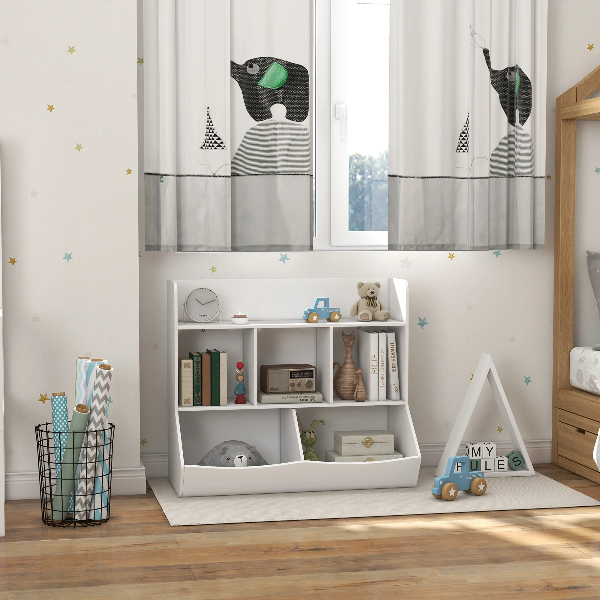 3 Tier Kids Toy Shelf with 5 Compartment, Anti-Tip Device, White