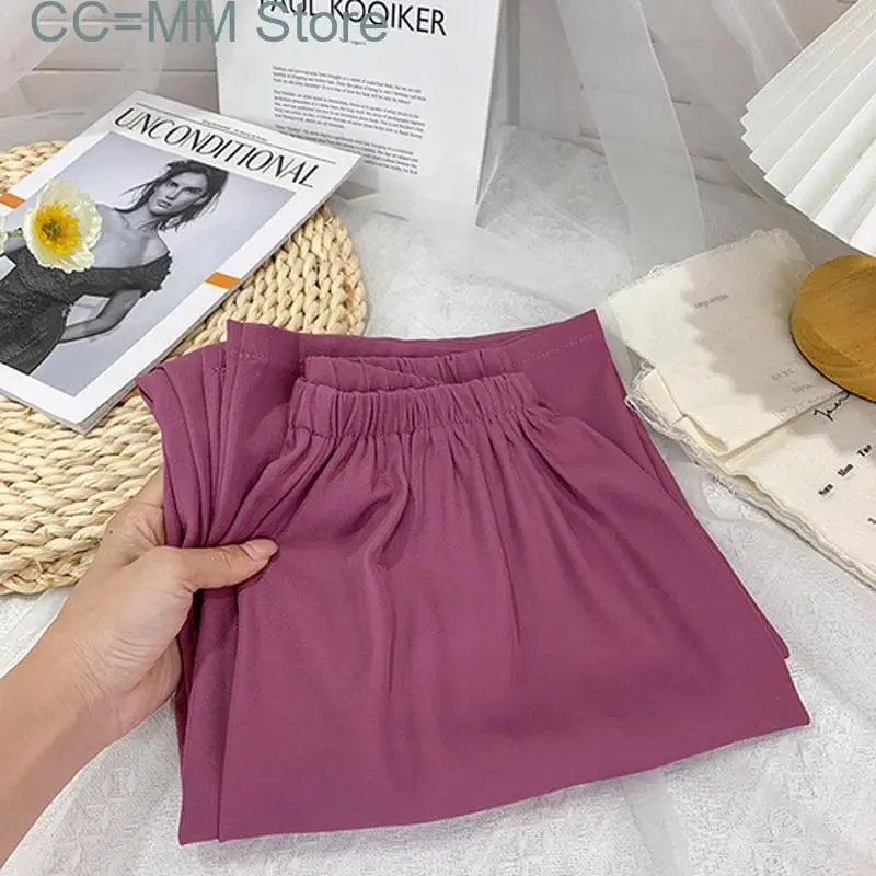 New Wide Leg Pants for Women Suit Office Ladies Elastic High Waist Summer Chiffon Casual Straight Ankle Length Bottom