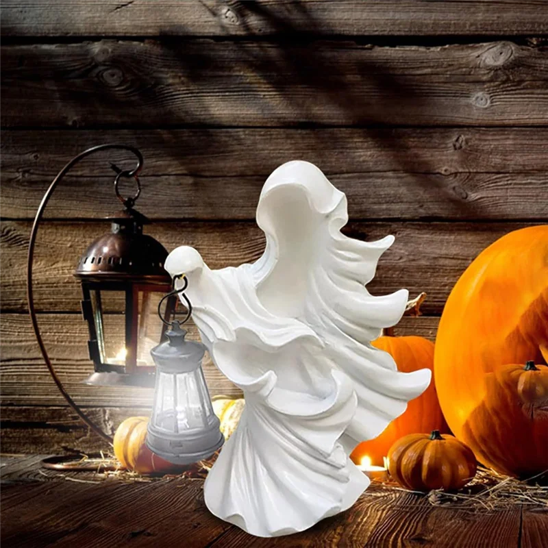 ABJN-Halloween Ghost Witch Ornament With Lantern Resin Energy Saving Statue For Garden Courtyard Decor