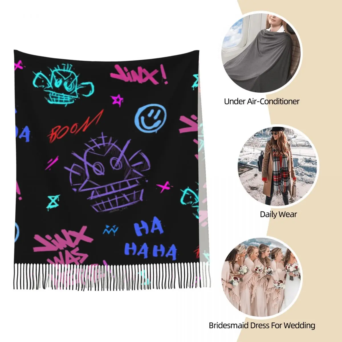 Jinx Monkey Anime Scarf for Womens Fall Winter Shawl Wrap Arcane Game Long Shawl Scarf Ladies 4