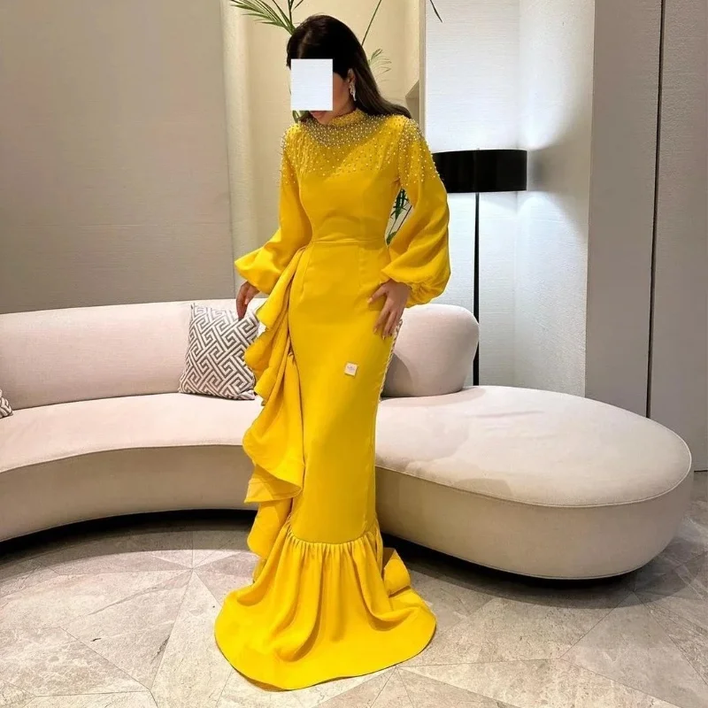 

Saudi Arabian evening dress formal O-neck women's ball dress high necked mermaid fluffy sleeve party dress 2024 New