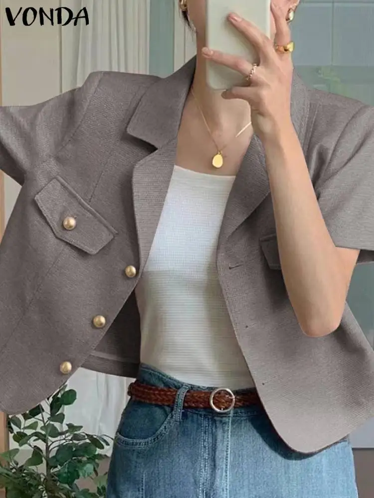 VONDA Women Elegant Blazer Short Sleeve Suit Collar Office Tunic Tops 2023 Summer Solid Color Buttons Blazer Casual Coats Femme