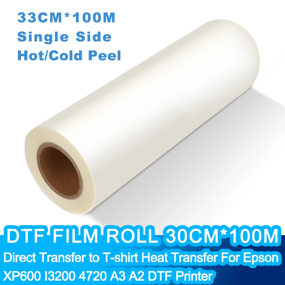 Hot Peel DTF Roll Film 33cm 33cmx100m Single Side Matte Cold Peeling Heat Transfer T Shirt Printing Film
