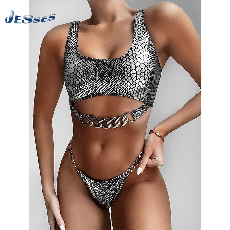 

Роскошные Блестящие купальники Серебряная кожа 2 шт. бикини под крокодила сексуальный женский купальник цепочка пуш-ап бандажный пляжный купальник комплект бикини