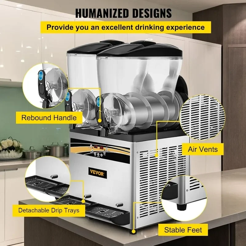 VEVOR Commercial Slushy Machine, 15Lx2 Tank Margarita Maker, 1000W Stainless Steel Smoothie Frozen Drink Maker 6
