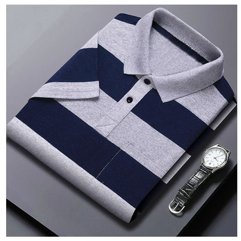 Smart Casual Men Short Sleeve Striped Polo Shirts Korean Streetwear Summer Male Clothes Tees Business Fashion Casual Loose Tops
