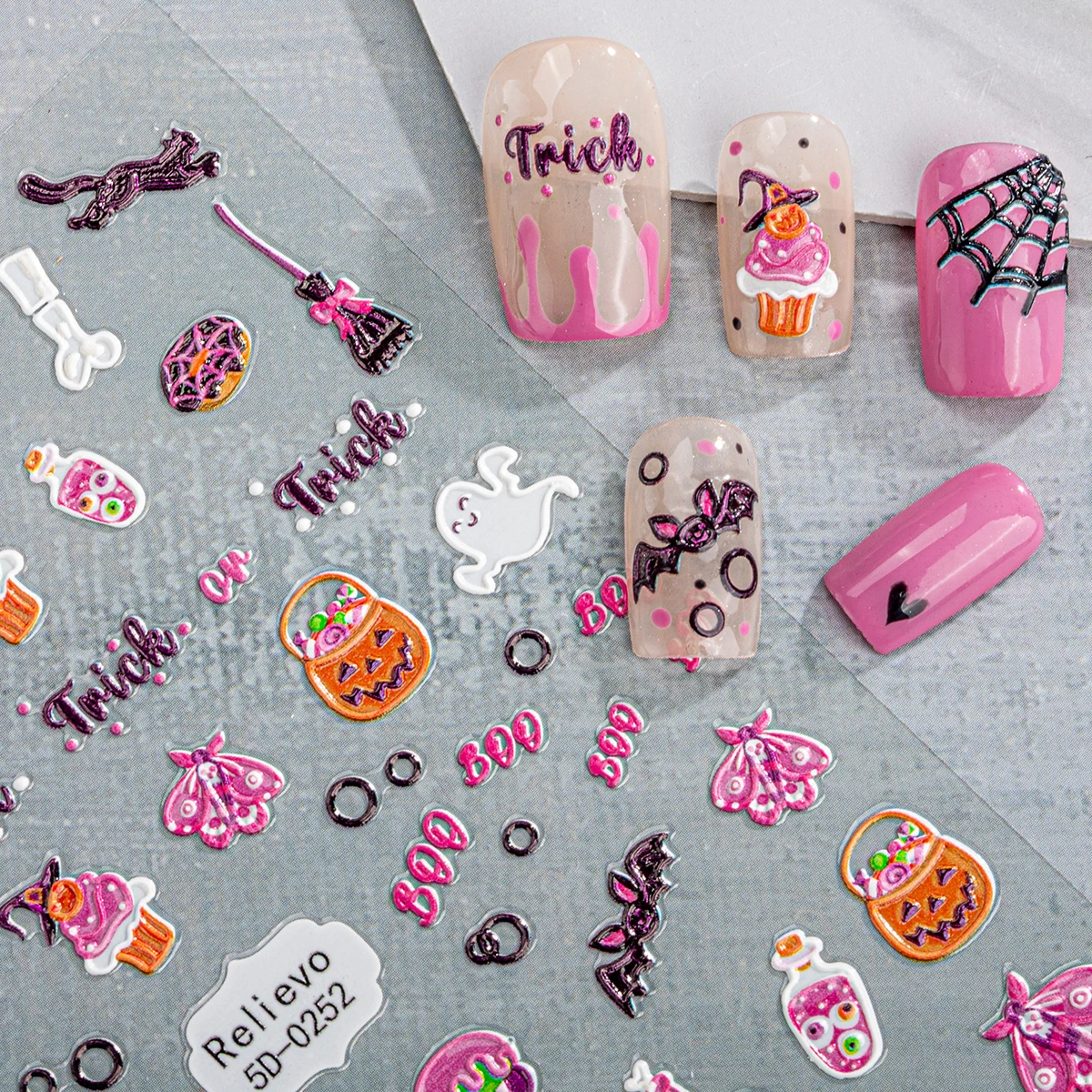 3pcs 5D Halloween Nail Art Stickers Y2K Pumpkin Skull Bone Ghost Cross Design Adhesive  Nail Decals for Manicure Decoration 6