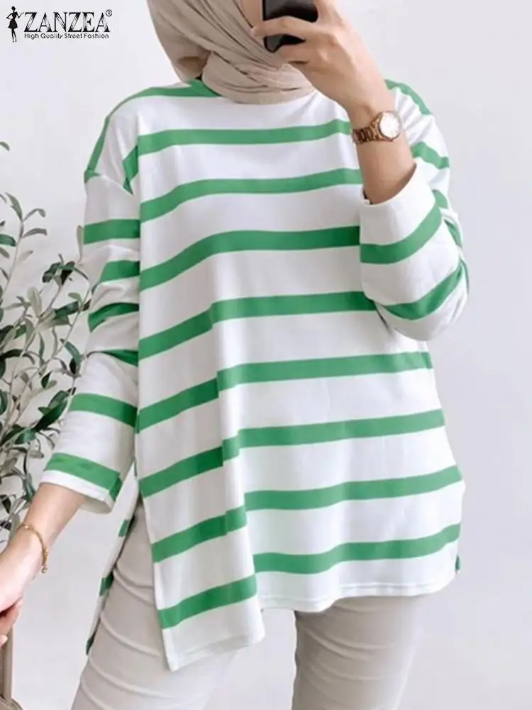 

Блузка ZANZEA женская с принтом в полоску, Модная элегантная рубашка с круглым вырезом и рукавом 3/4, в мусульманском стиле, абайя, Офисная Рабочая одежда, лето