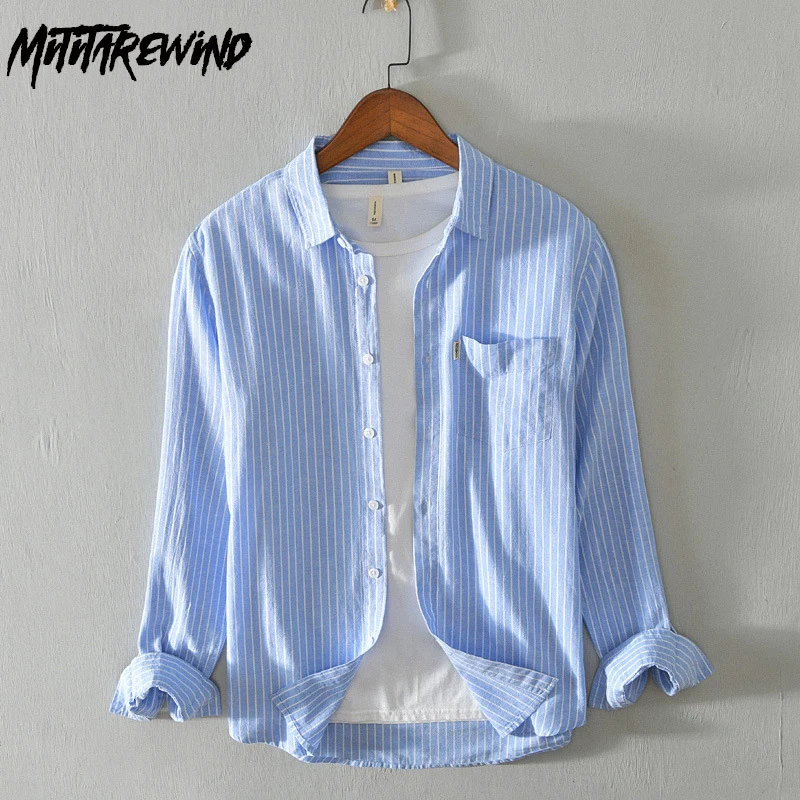 

Japanese Fashion Striped Shirt for Men Daily Casual Shirts Pocket Cotton Linen Long Sleeve Shirt Youth Male Simple Versatile Top
