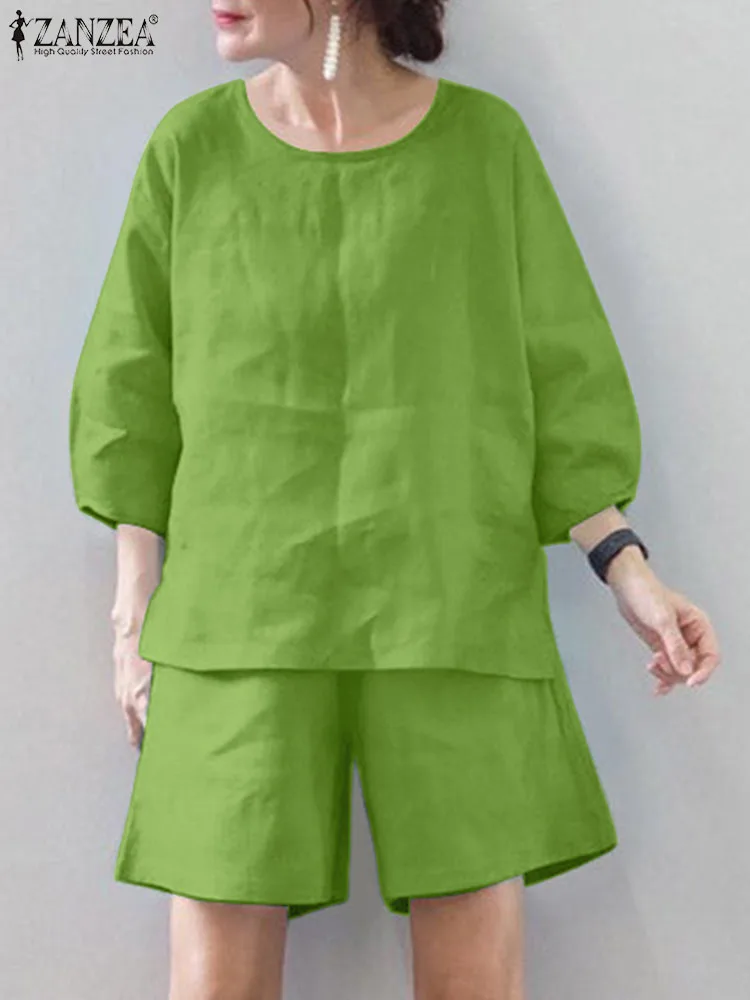 

ZANZEA Women Summer 3/4 Sleeve Tops Short Sets Casual Fashion Solid Loose Urban Tracksuit 2PCS Holiday Outifits Trousers Suits