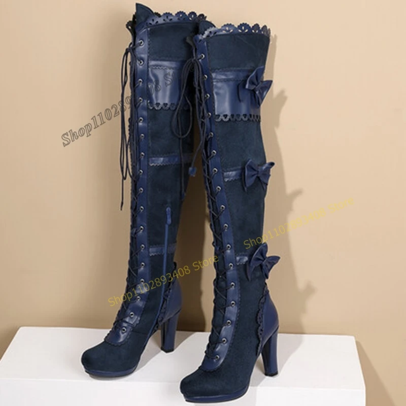 

Deep Blue Butterfly Knot Over the Knee Boots Lace Cross Tied Chunky Heel Women Shoes 2023 Fashion Sexy Zapatos Para Mujere