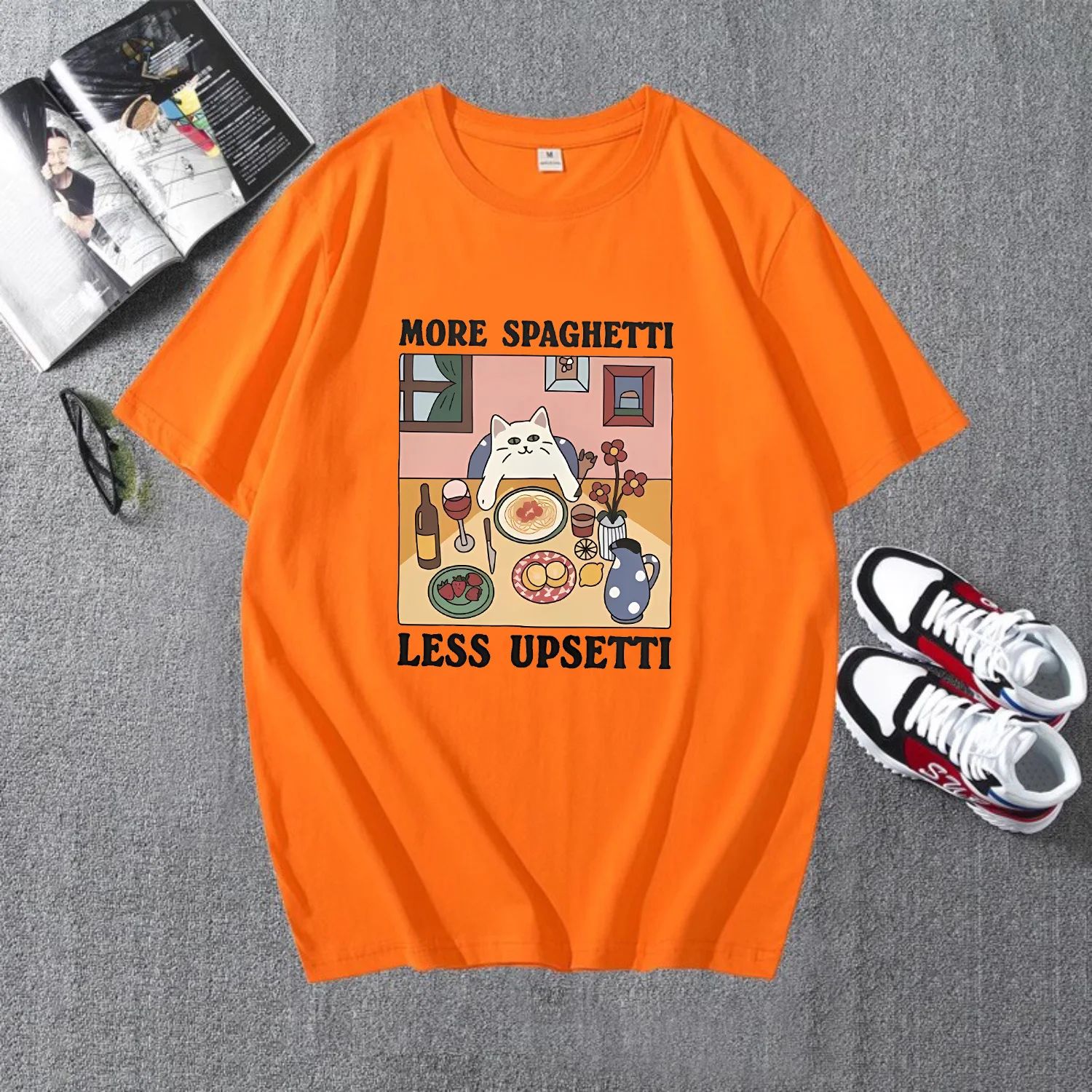 MORE SPAGHETTI LESS UPSETTI Printed T-shirt Cute Cat Again Eating Pattern Kawaii Top Italian Lover Short Sleeve Graphic Shirts 2