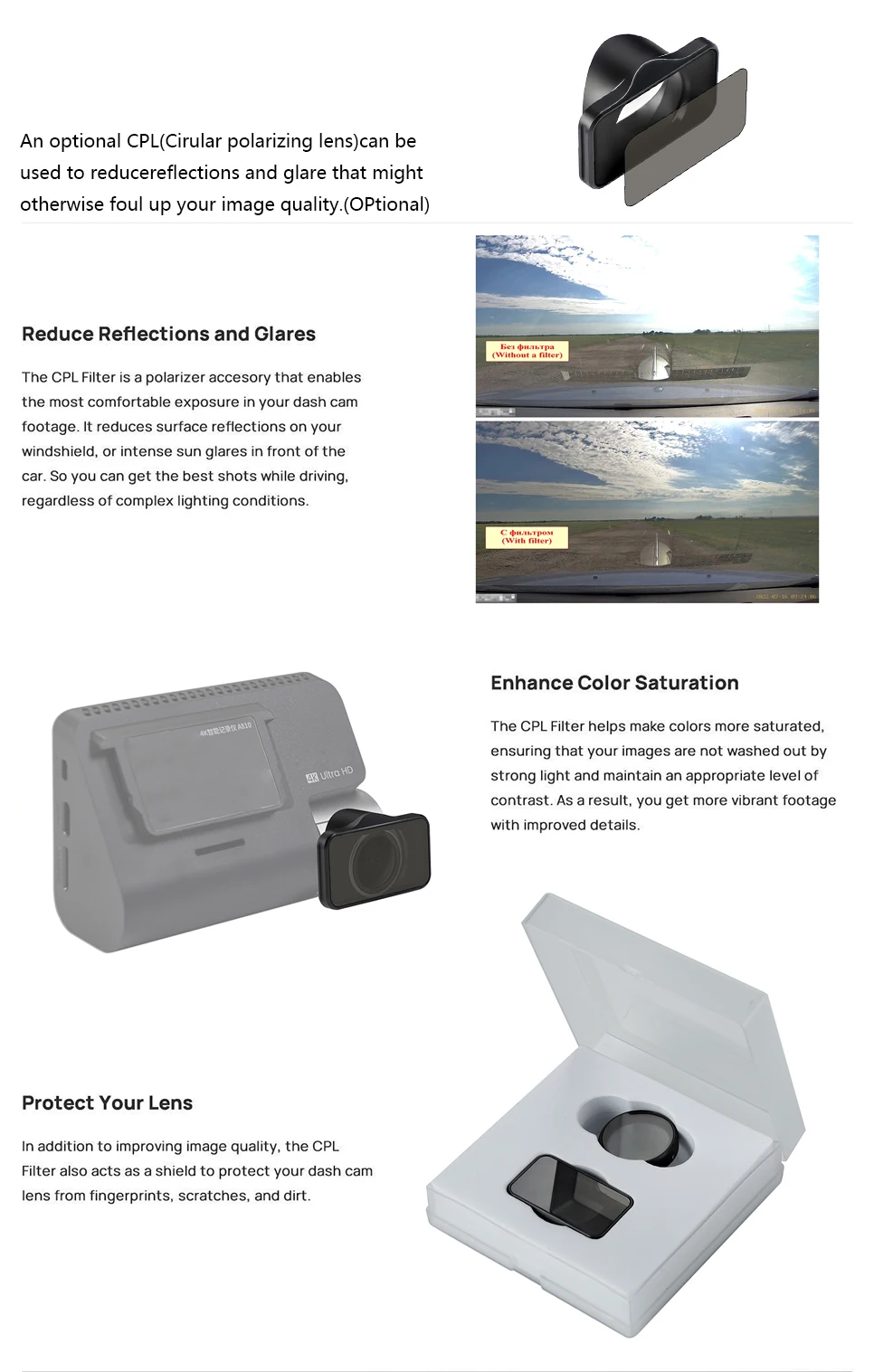 Für 70mai Dash Cam A810s CPL Filter HD Objektiv Staub Schutz Anti Glare CPL Filter für 70mai RC24 Hinten Kamera CPL Filter – Detail 9