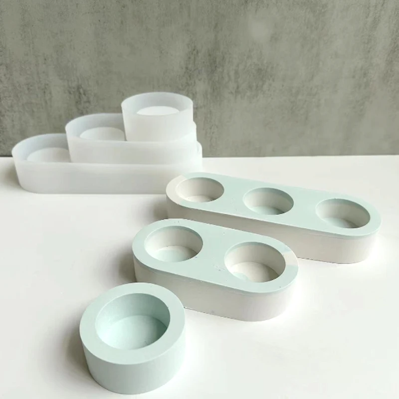 3 Holes Candlesticks Cement Silicone Mold DIY Cement Plaster Round Candle Holder Tray Pottery Mould Home Decor Candle Jar Making silicone mold